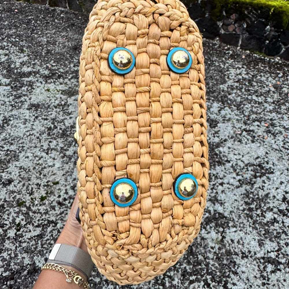 Michael Kors Straw Woven Tote Bag Turquoise Leather Gold Chain Small Summer Bag - Picture 6 of 14
